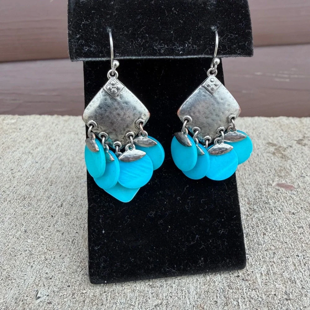Hammered Silver Blue Shell Disc Chandelier Earrings Boho Statement Dangle